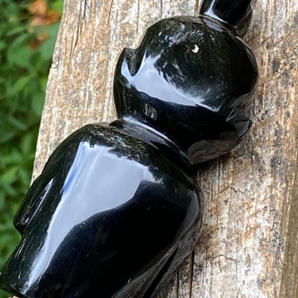 Aztec Black Onyx Gold Mayan Obsidian Carved Statue Stone Sitting Tiki Figure - Picture 7 of 13